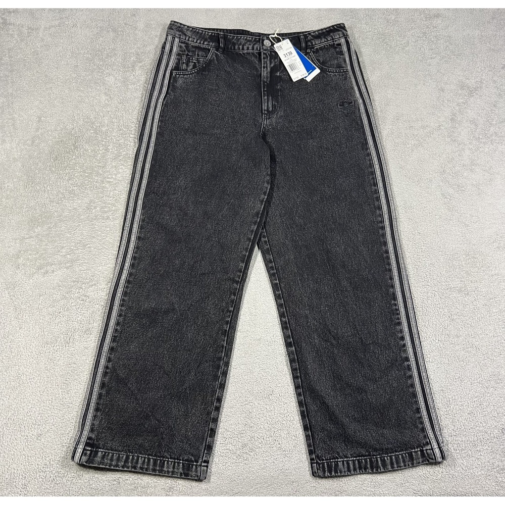 adidas 3 Stripes Jeans Pants Womens 31x30 Wide Leg Black Denim Loose Fit - Picture 1 of 14